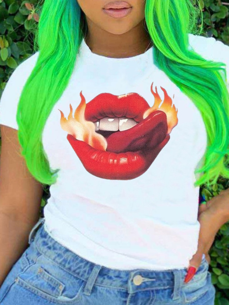 

LW Plus Size Casual Lip Print White T-shirt