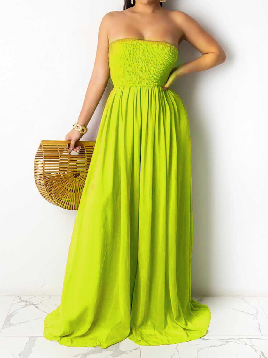 LW Plus Size Boho Off The Shoulder Ruched Bust Green One-piece Jumpsuit