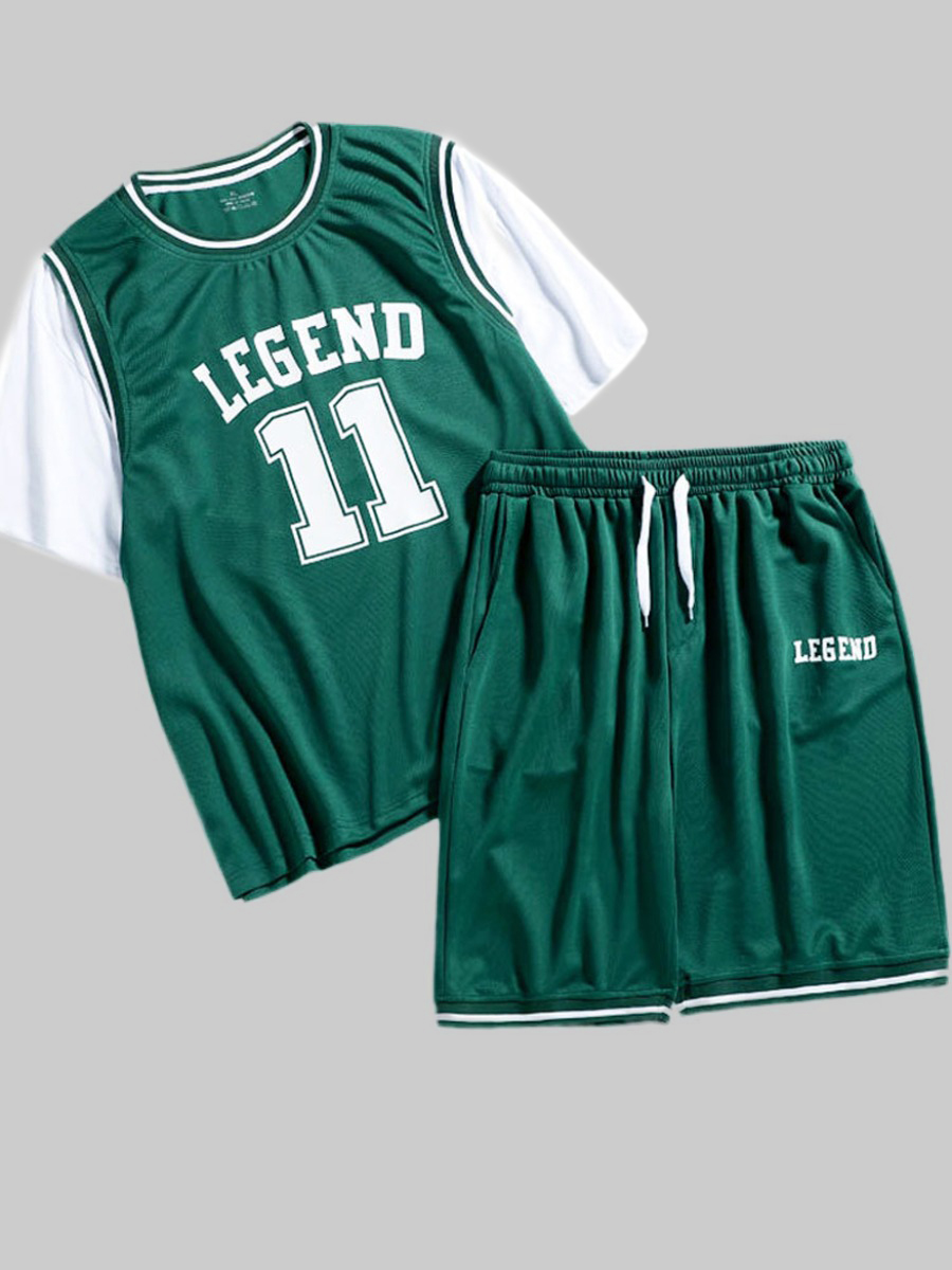 

Lovely Men Sporty Letter Print Drawstring Green Two Piece Shorts Set