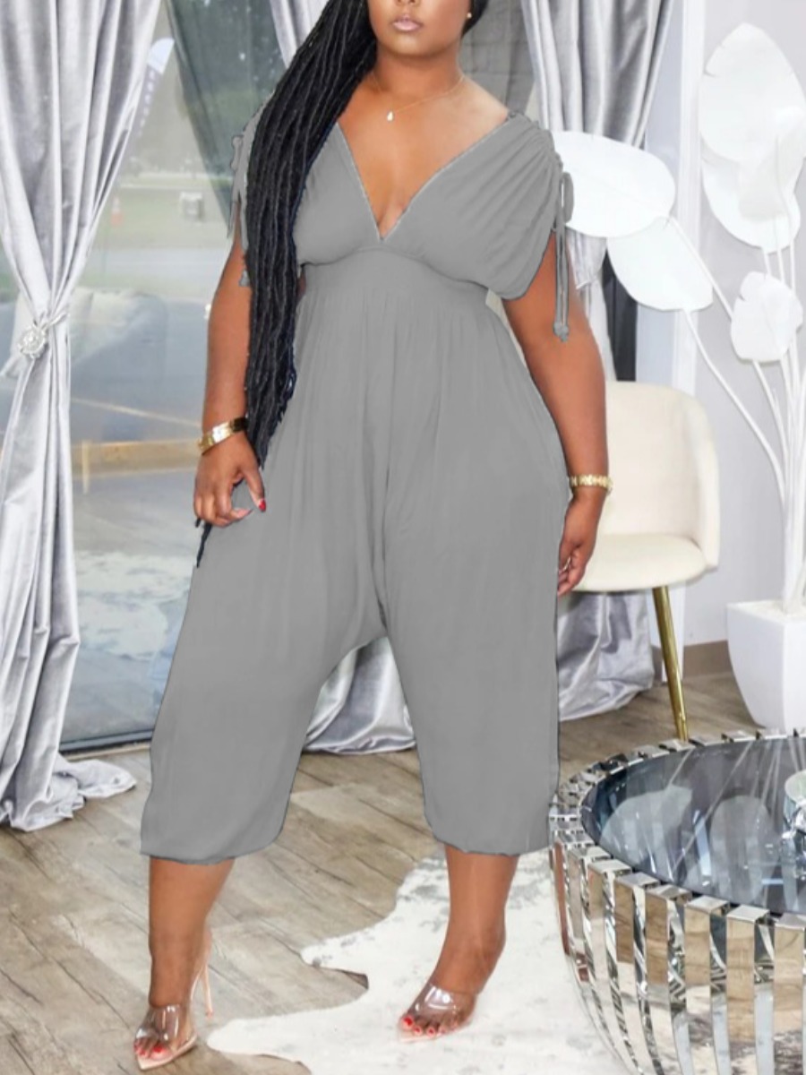 

Lovely Casual V Neck Drawstring Loose Grey One-piece Jumpsuit