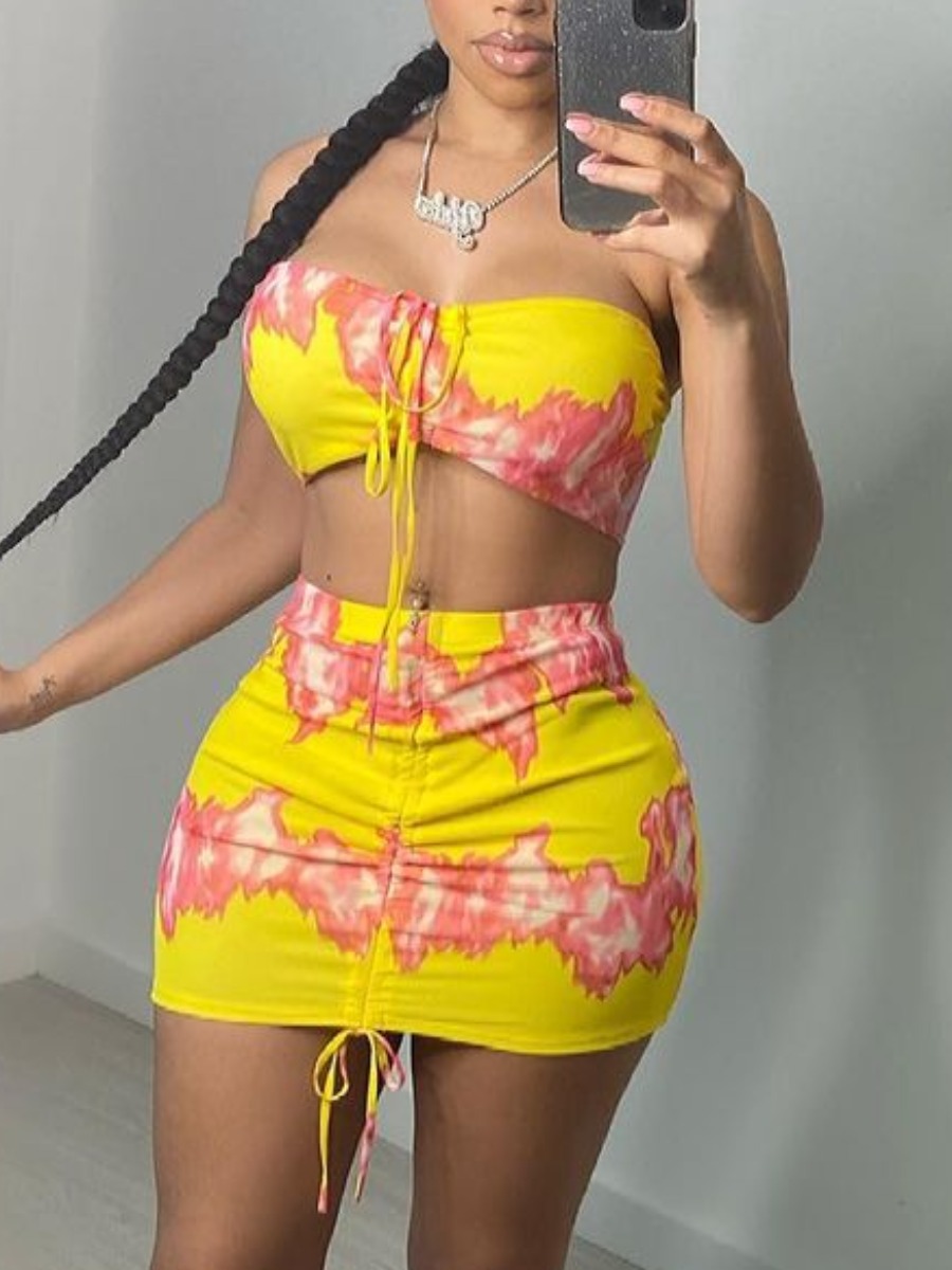

Lovely Street Graffiti Print Drawstring Yellow Two Piece Skirt Set