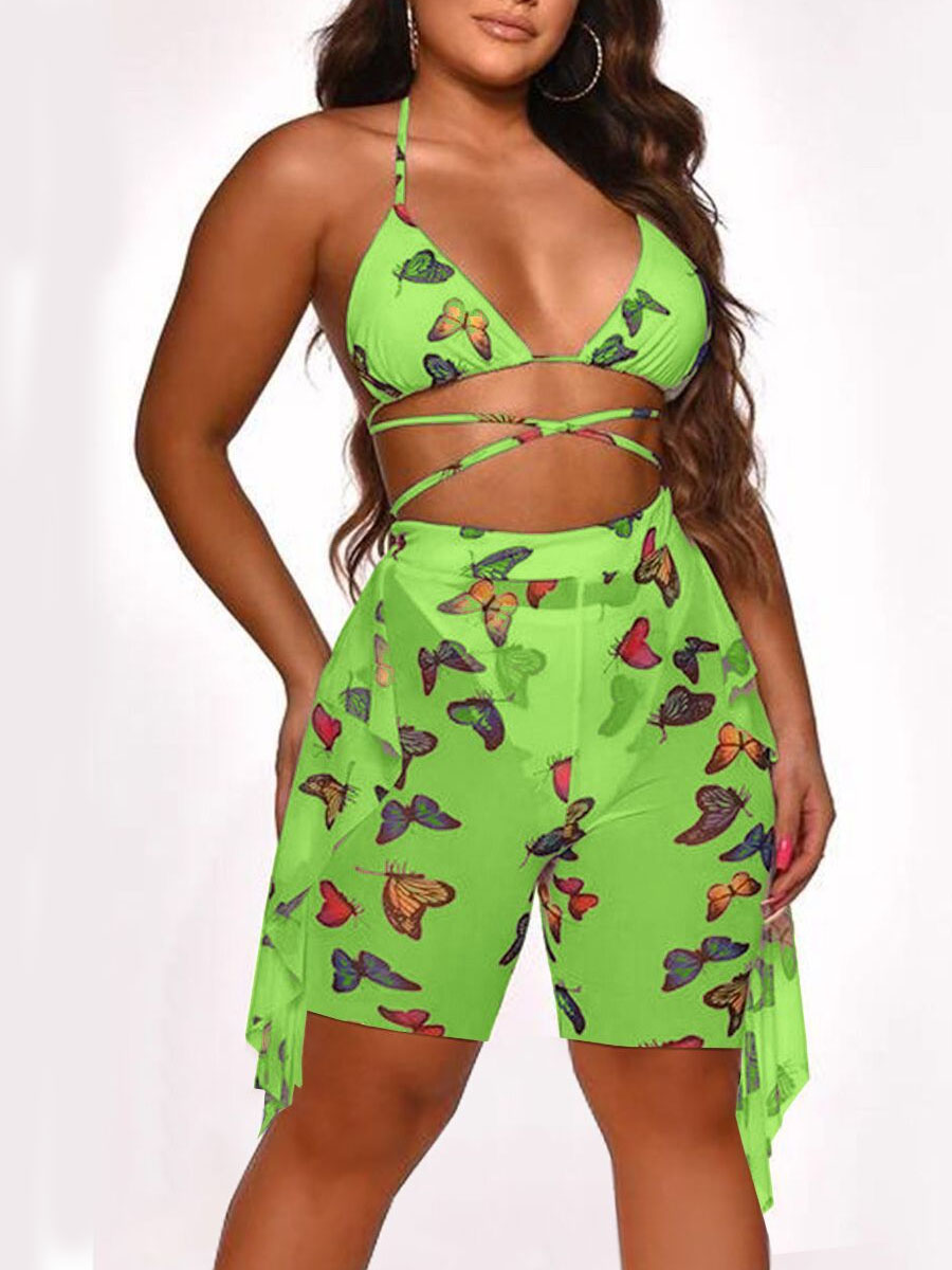 

Lovely Boho Butterfly Print Flounce Design Green Three-piece Swimsuit