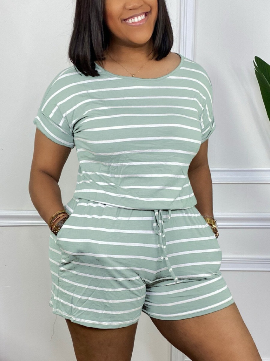 

Lovely Casual O Neck Striped Drawstring Olive One-piece Romper