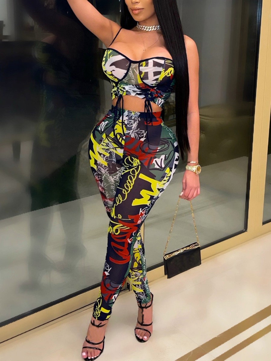 

Lovely Street Letter Print Drawstring Multicolor Two Piece Pants Set, Multi