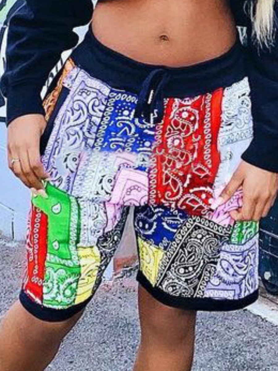 

LW Casual Cashew Print Drawstring Multicolor Shorts, Multi