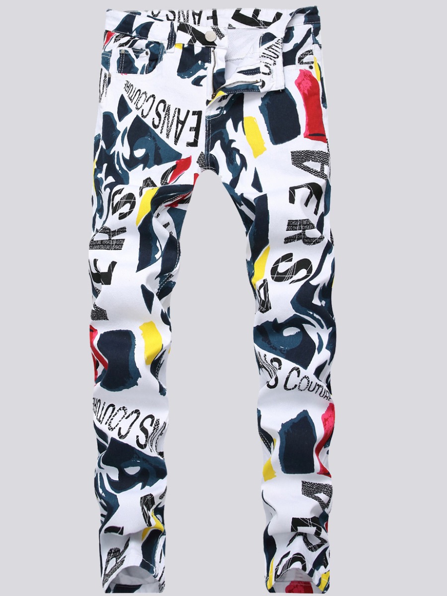 

LW Men Letter Print Patchwork Multicolor Jeans, Multi