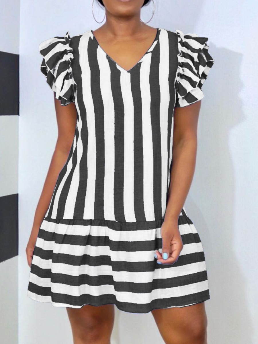 

Lovely Sweet Striped Flounce Design Black Mini Dress, Black stripe