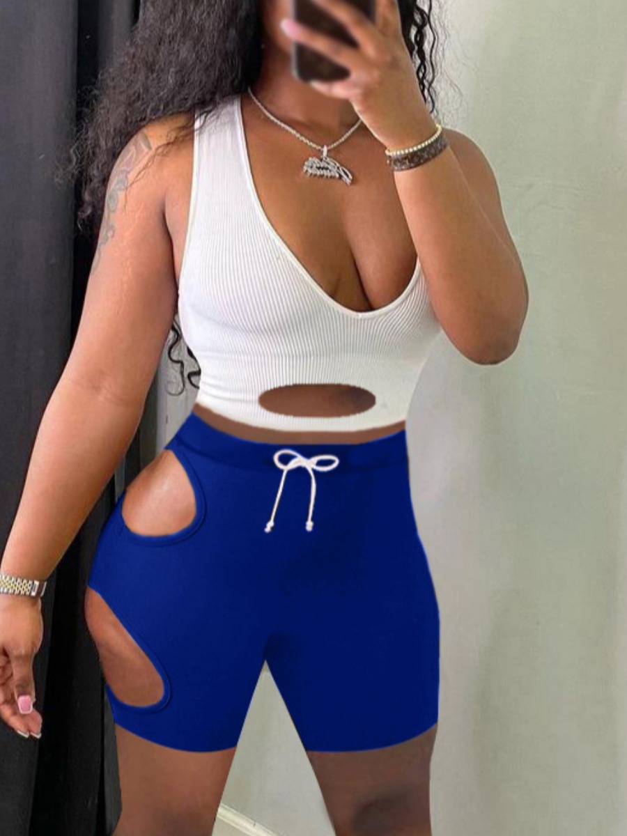

Lovely Street Rib-Knit Hollow-out Blue Two Piece Shorts Set