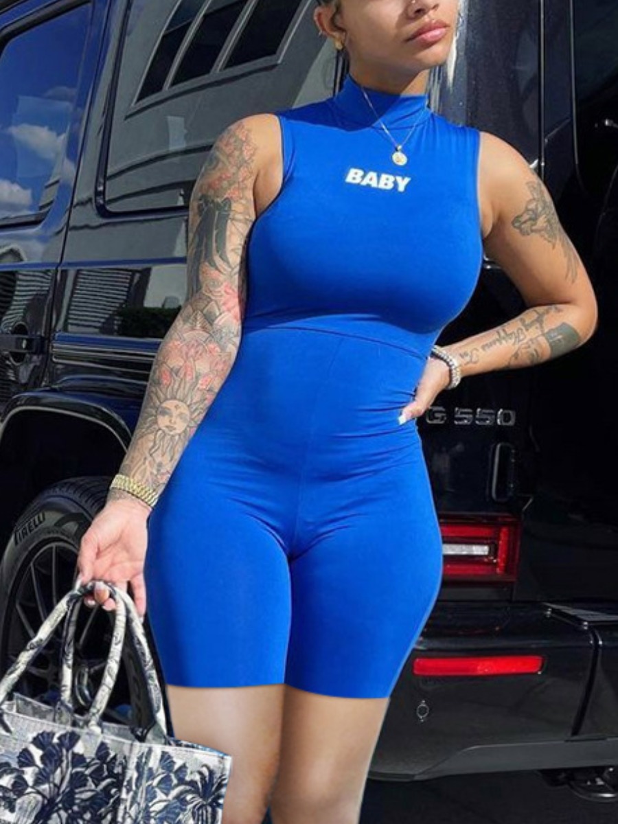 

Lovely Casual Turtleneck Letter Print Blue One-piece Romper