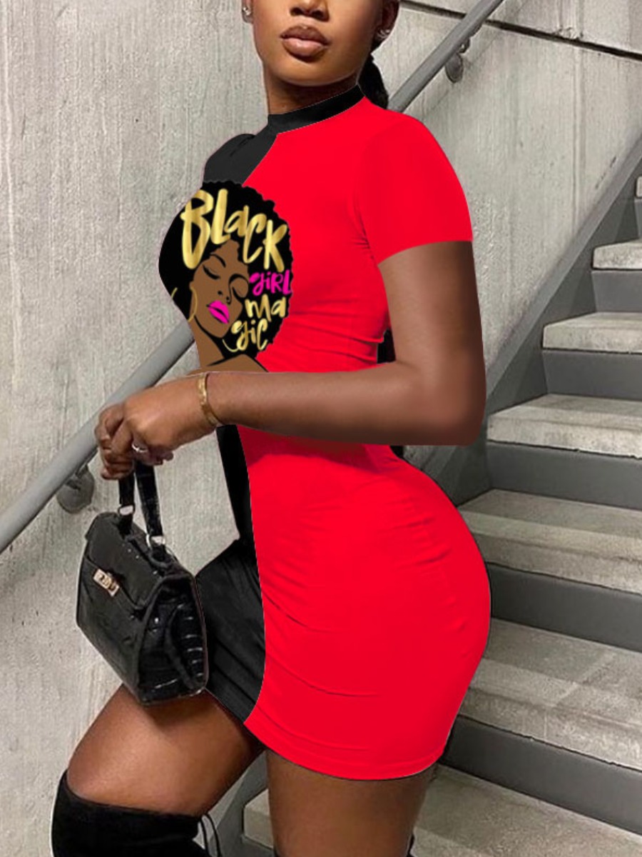 

Lovely Casual Letter Print Patchwork Red Mini Dress