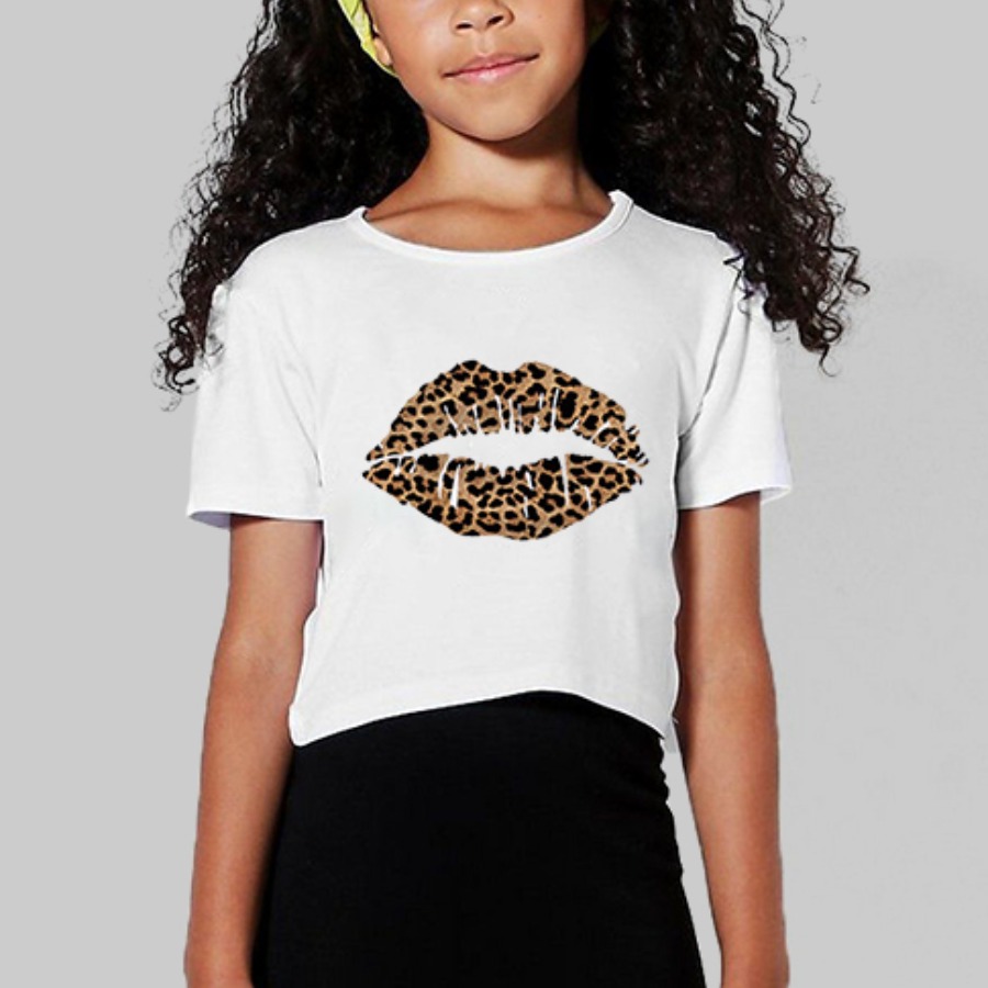 

Lovely Girl Casual O Neck Leopard Lip Print White T-shirt
