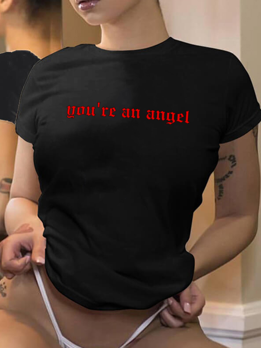 

Lovely Casual O Neck Letter Print Black T-shirt