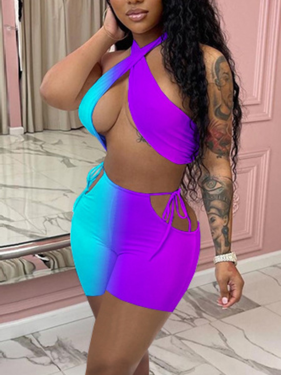 

Lovely Sexy Gradient Bandage Hollow-out Design Violet Two Piece Shorts Set