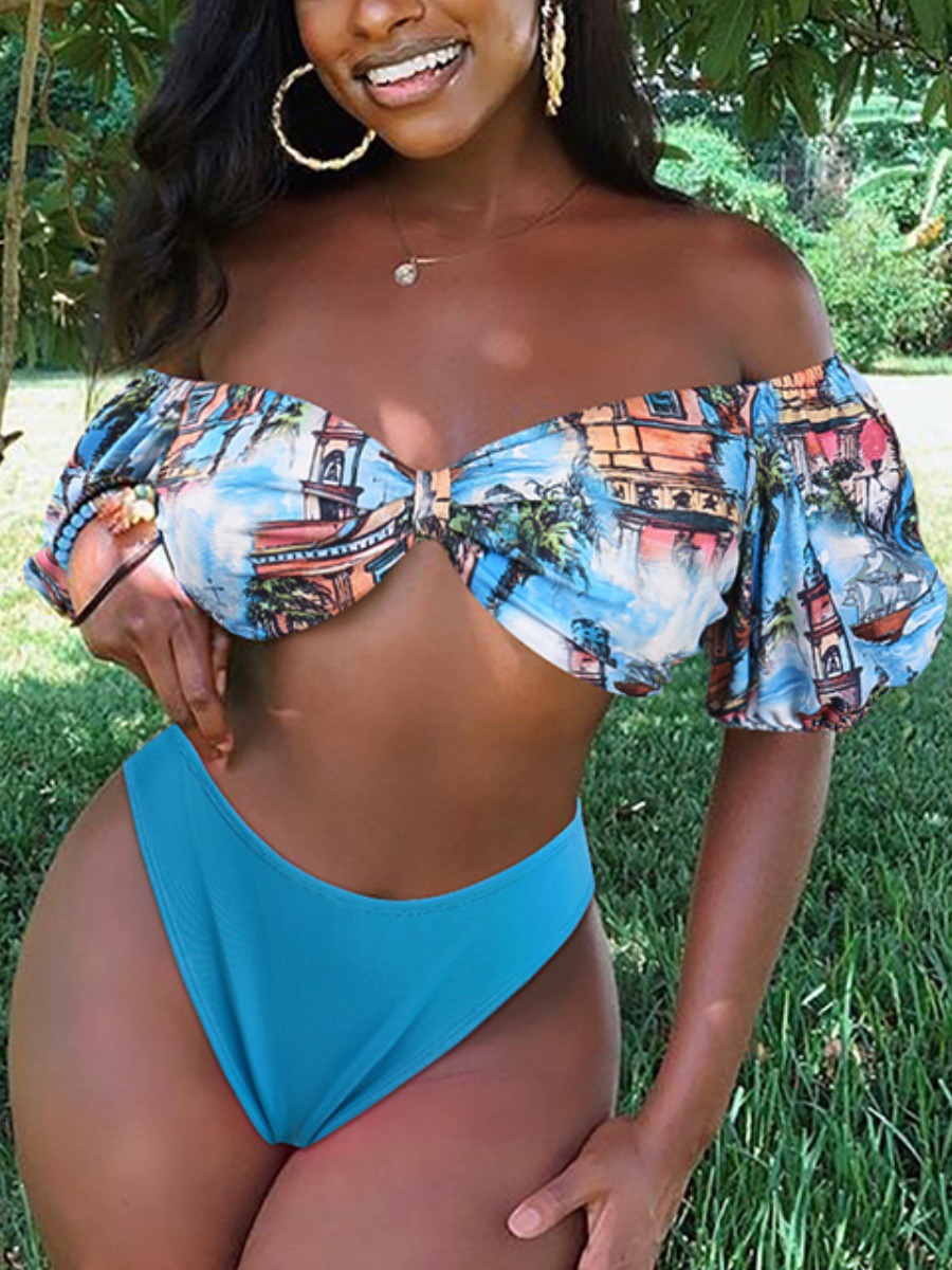 

Lovely Boho Off The Shoulder Sea Print Blue Bikini