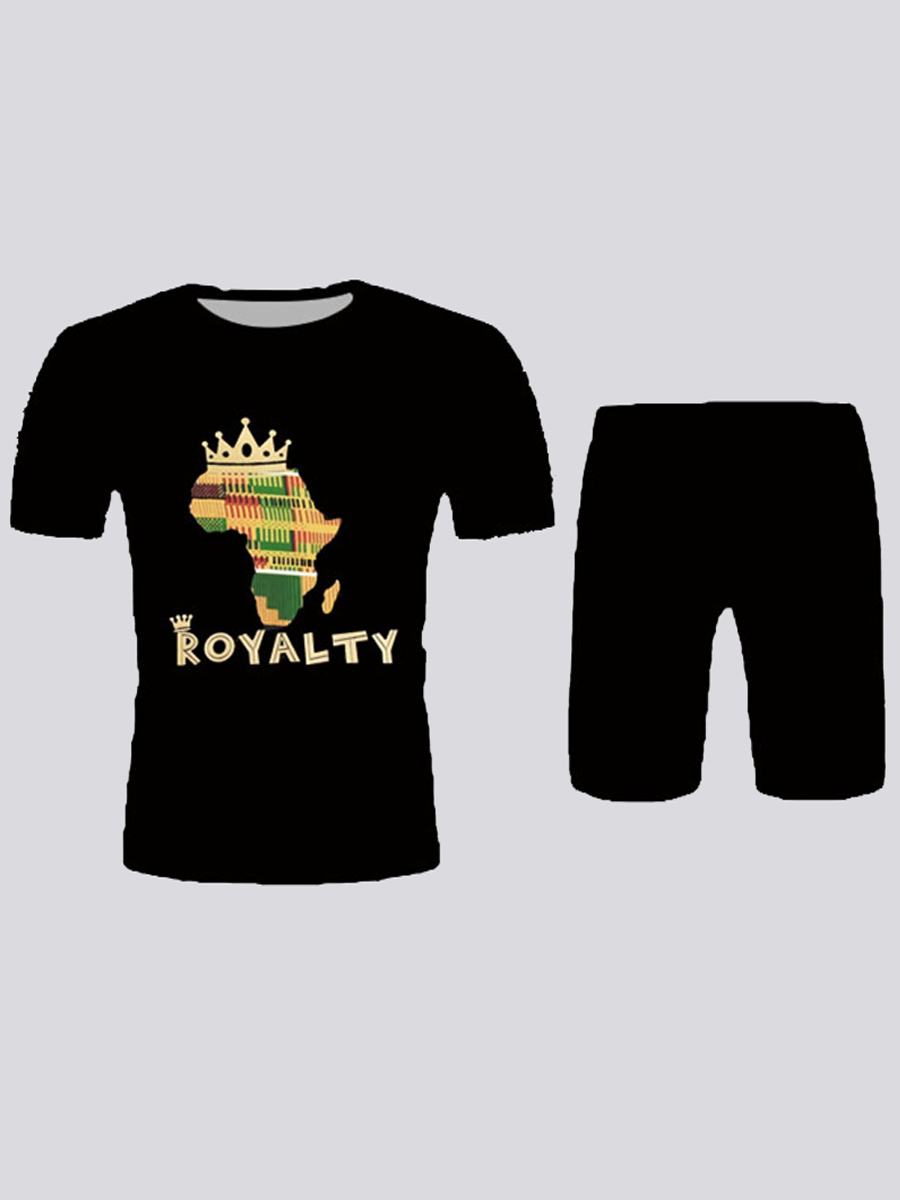 

Lovely Men Street Africa Crown Letter Print Black Two Piece Shorts Set
