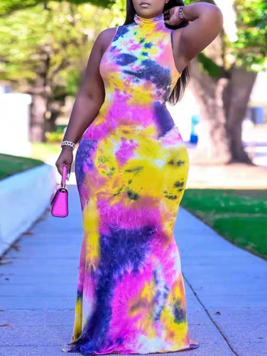 

Lovely Boho Turtleneck Tie-dye Multicolor Floor Length Dress, Multi