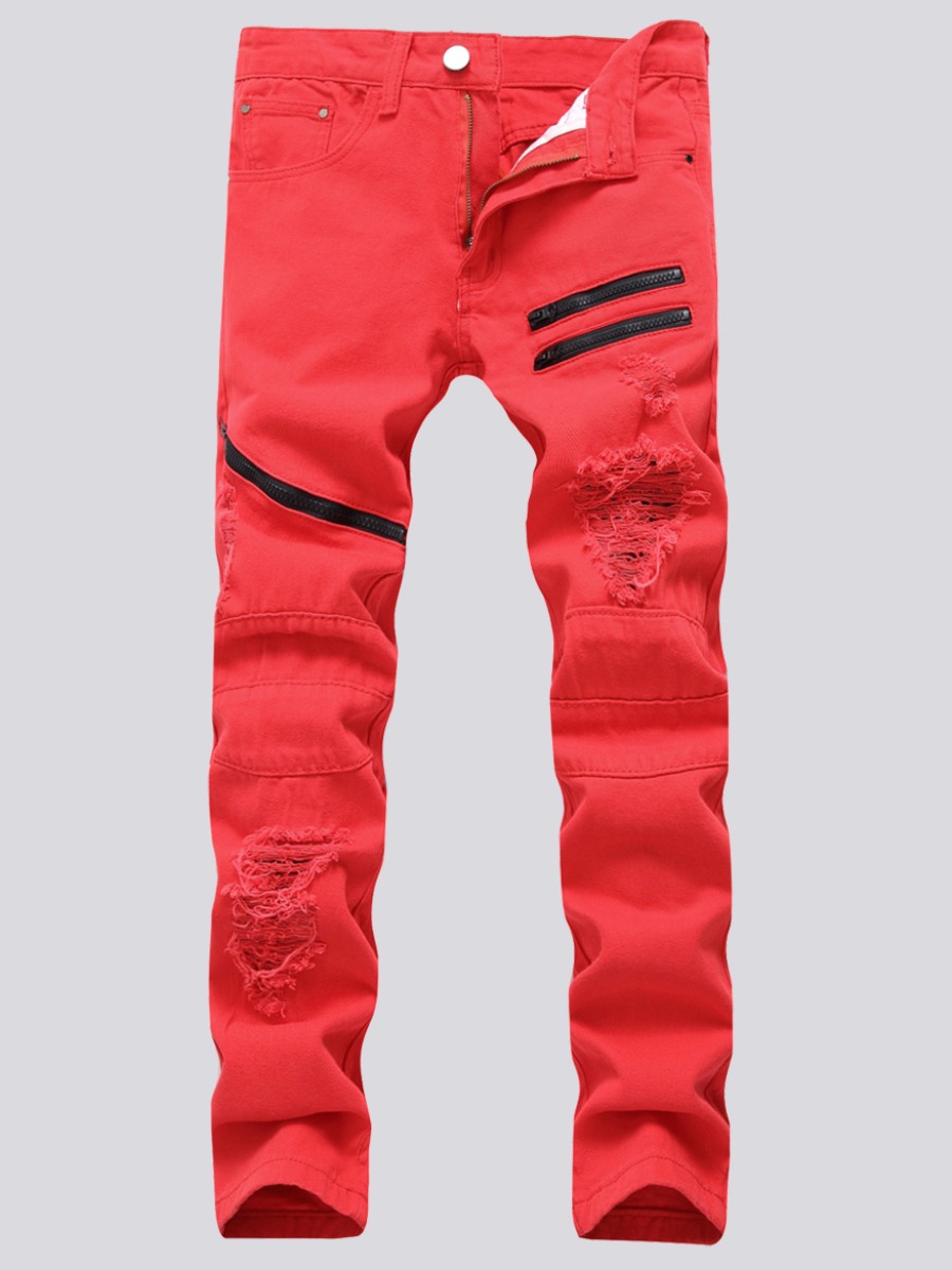 

Lovely Men Street Ripped Zipper Design Red Jeans