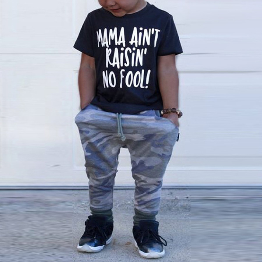 

Lovely Boy Casual Letter Camo Print Drawstring Black Two Piece Pants Set