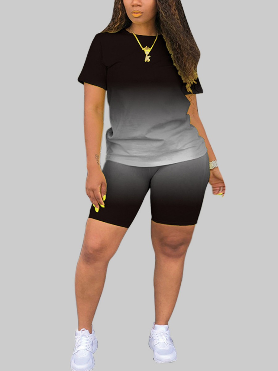 LW Plus Size Street O Neck Gradient Black Two-piece Shorts Set