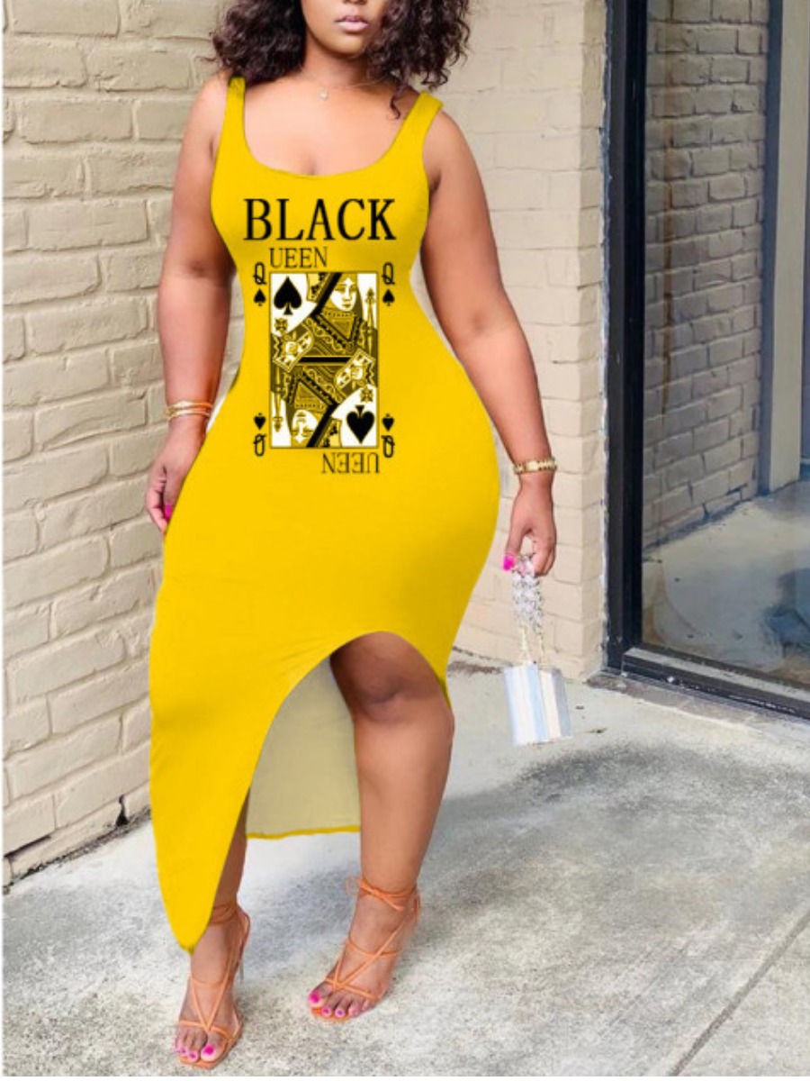 

Lovely Plus Size Street Poker Letter Print Split Yellow Ankle Length Dress