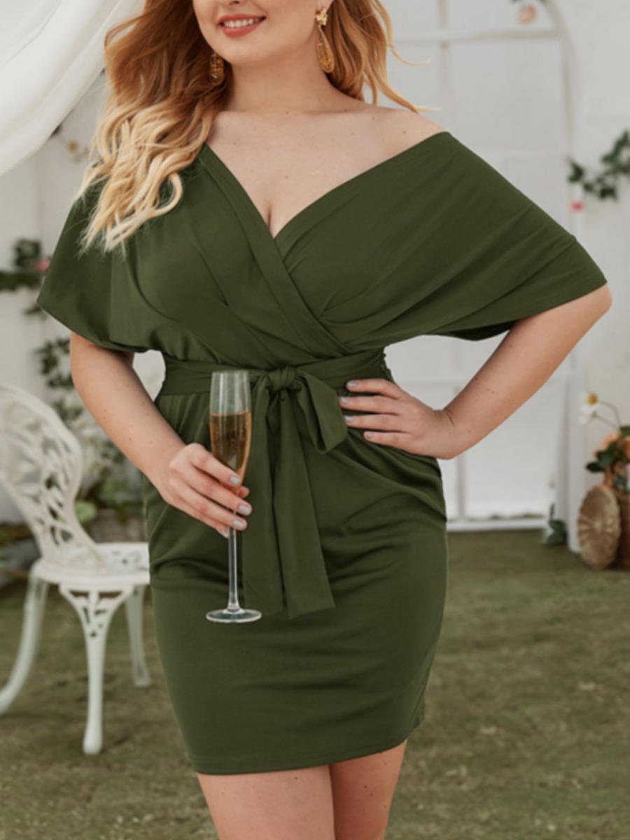 

Lovely Plus Size Elegant Cross-over Bandage Design Army Green Mini Dress