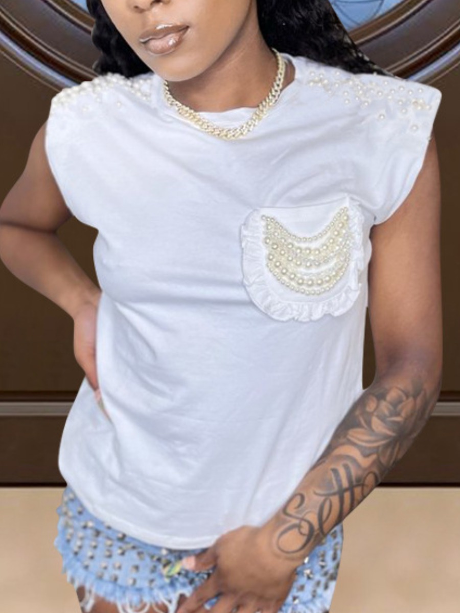 

LW Street O Neck Pearl Decoration White T-shirt