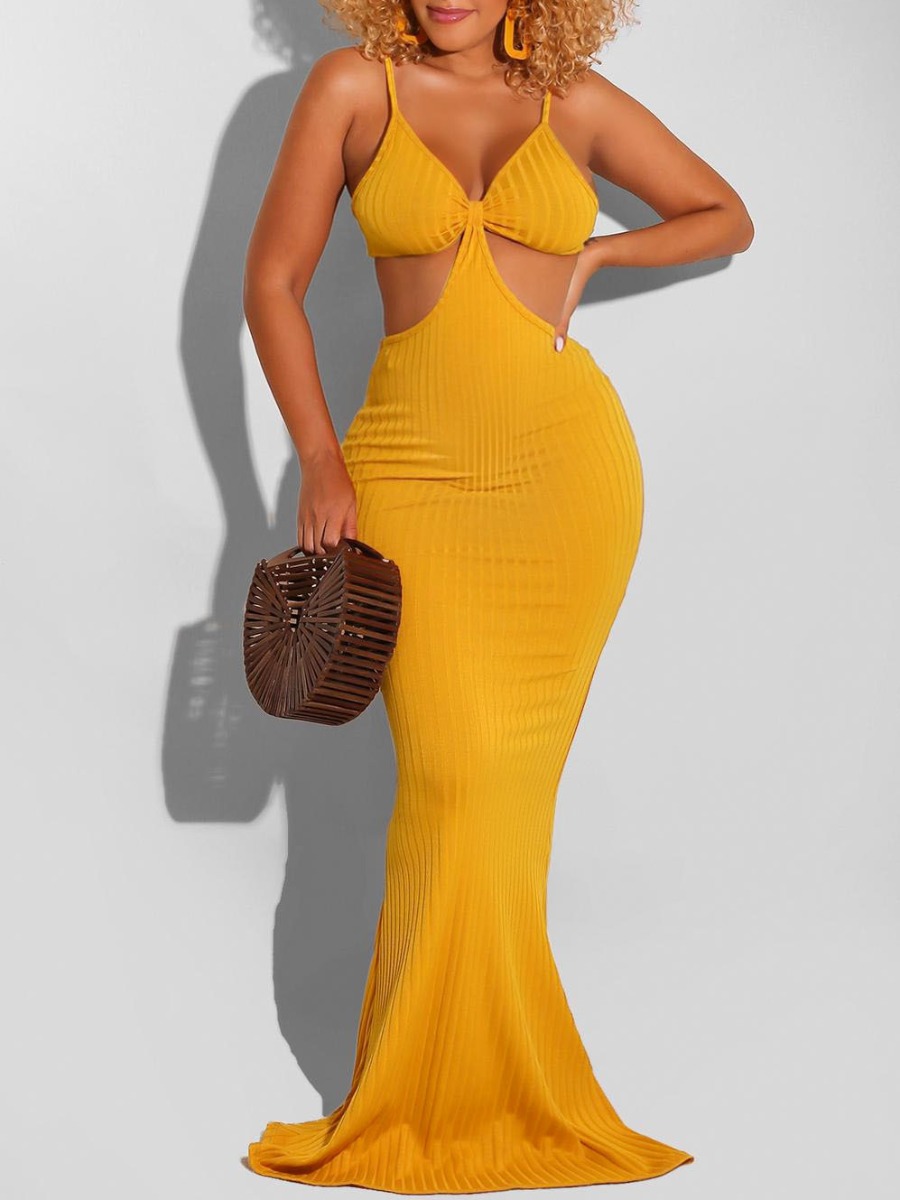 

LW Romantic Rib-Knit Hollow-out Yellow Floor Length Dress