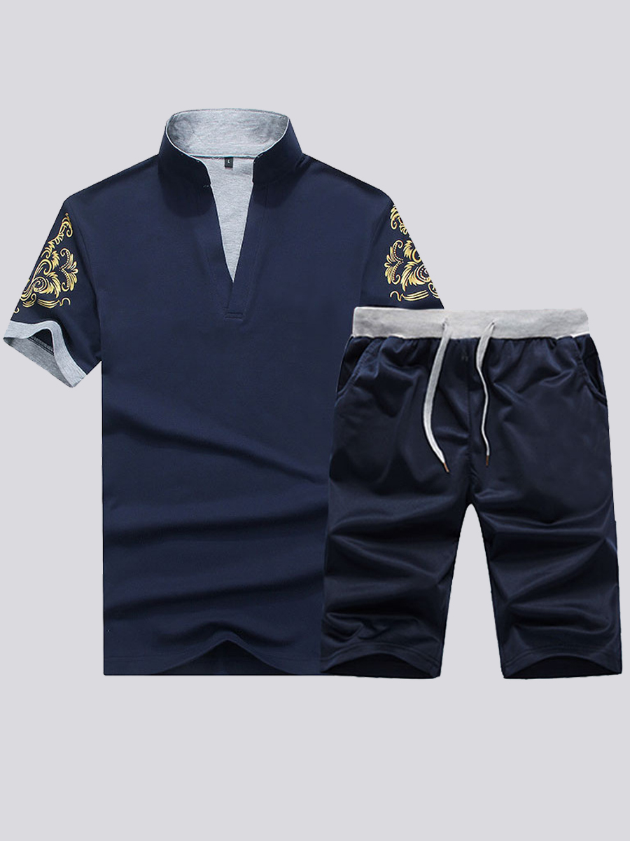 

Lovely Men Casual Mandarin Collar Print Drawstring Deep Blue Two Piece Shorts Set