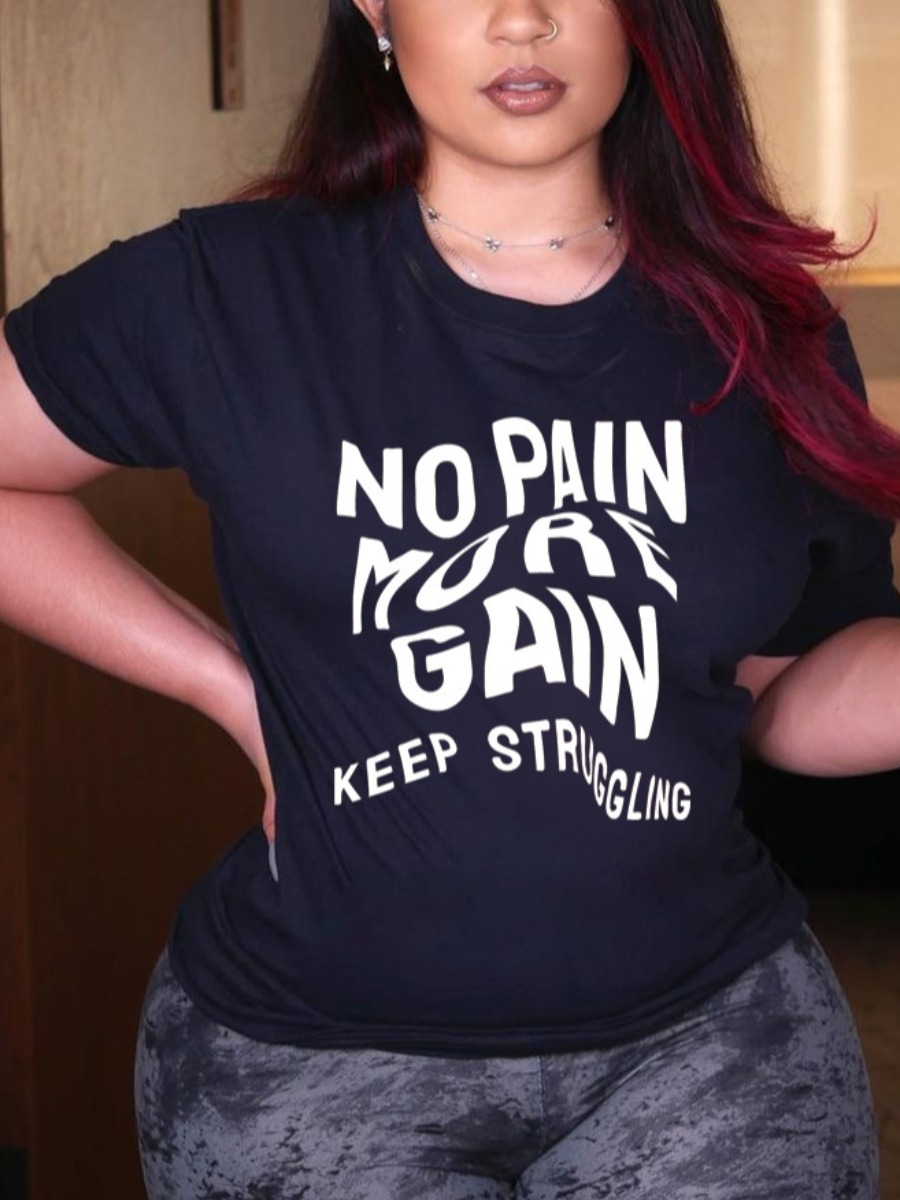 LW Casual O Neck Letter Print Black T-shirt