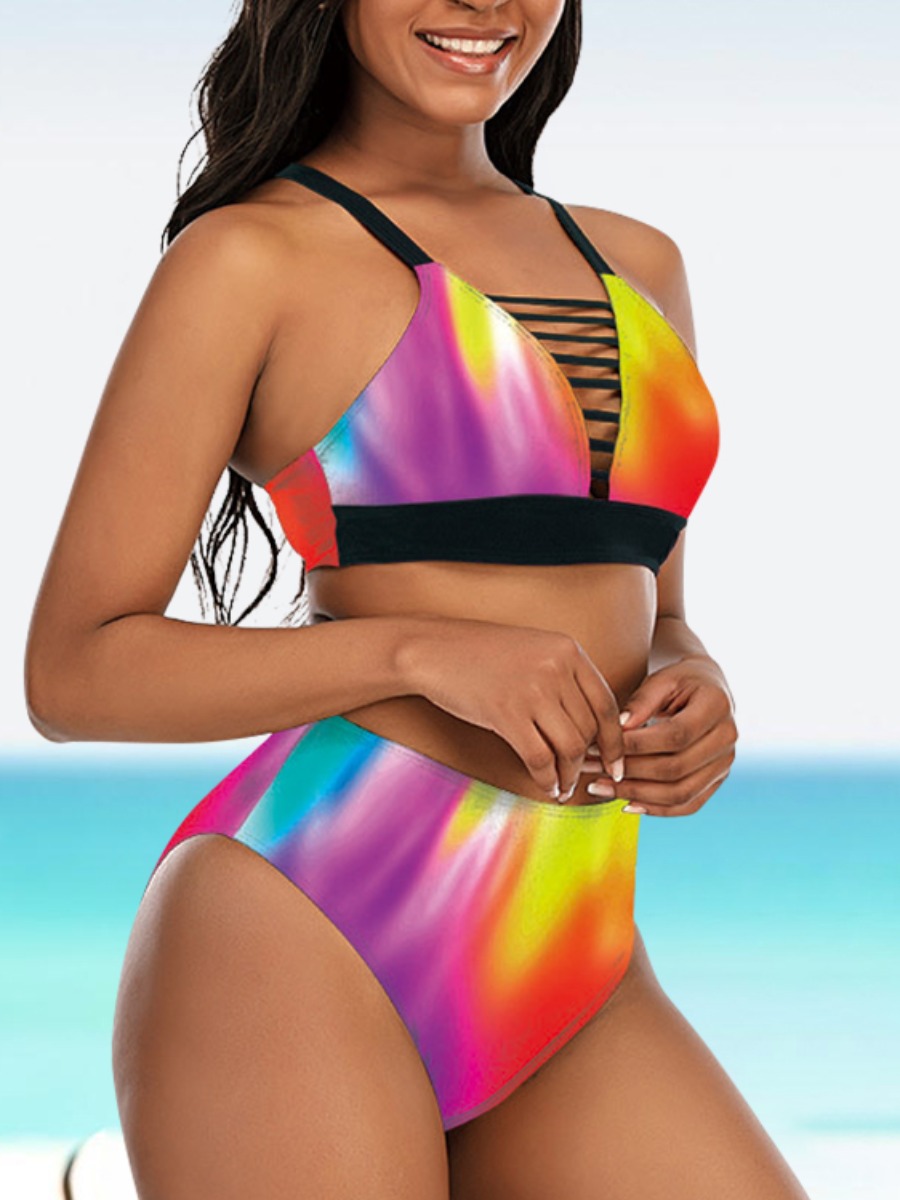 

Lovely Plus Size Boho Tie-dye Hollow-out Multicolor Tankini, Multi