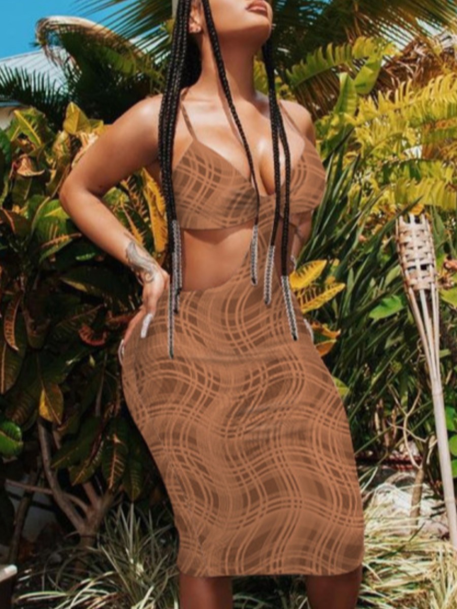 

LW Sexy Plaid Print Hollow-out Apricot Knee Length Dress