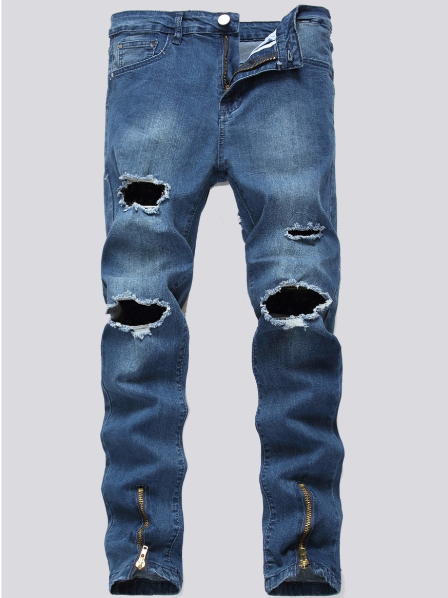 

Lovely Men Street Ripped Zipper Design Blue Jeans