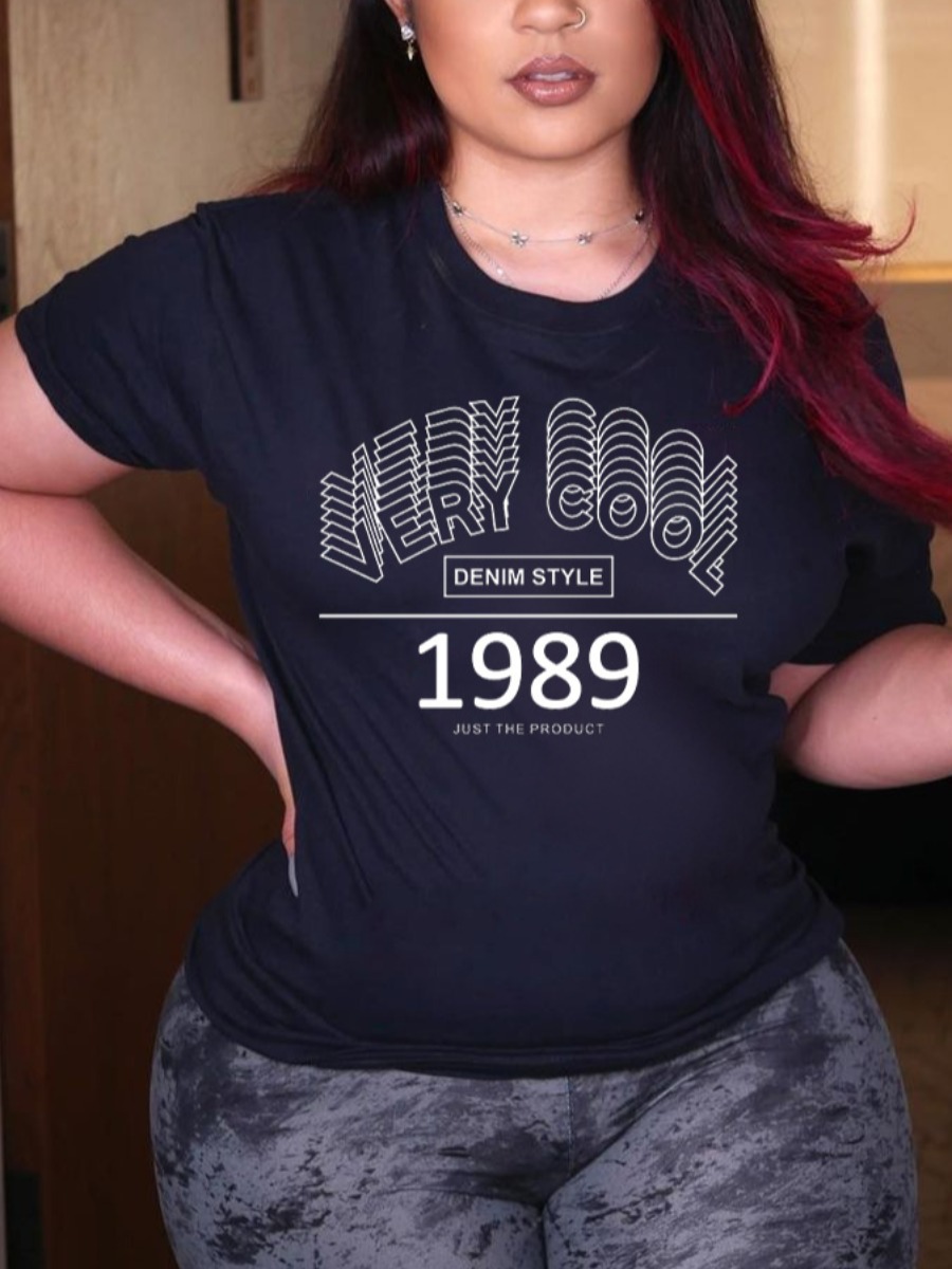 LW PStreet O Neck Letter Print Black T-shirt