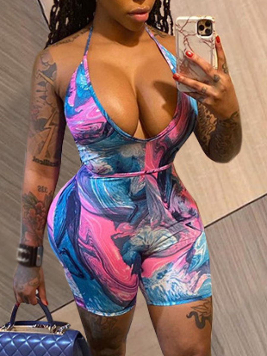 

Lovely Sexy V Neck Print Patchwork Blue One-piece Romper