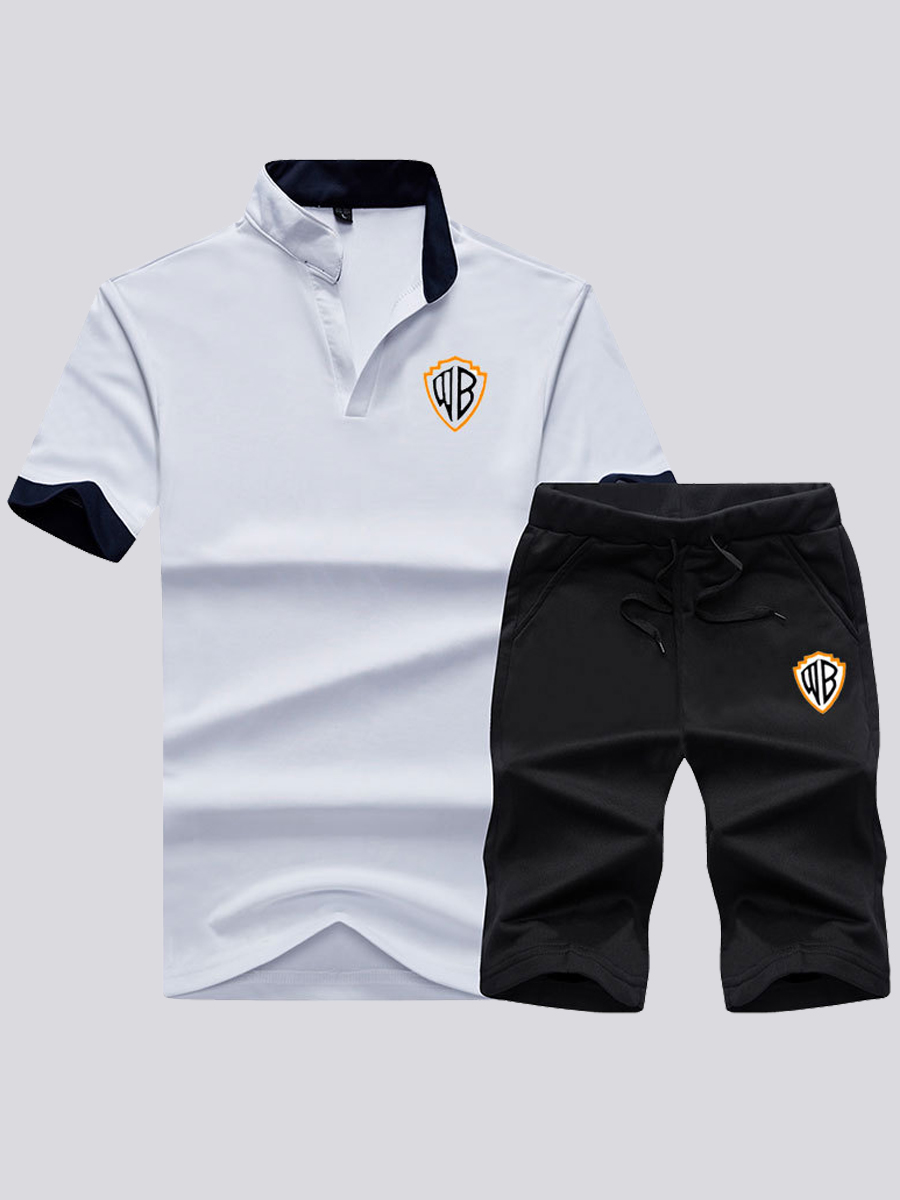 

Lovely Men Sporty Mandarin Collar Drawstring White Two Piece Shorts Set