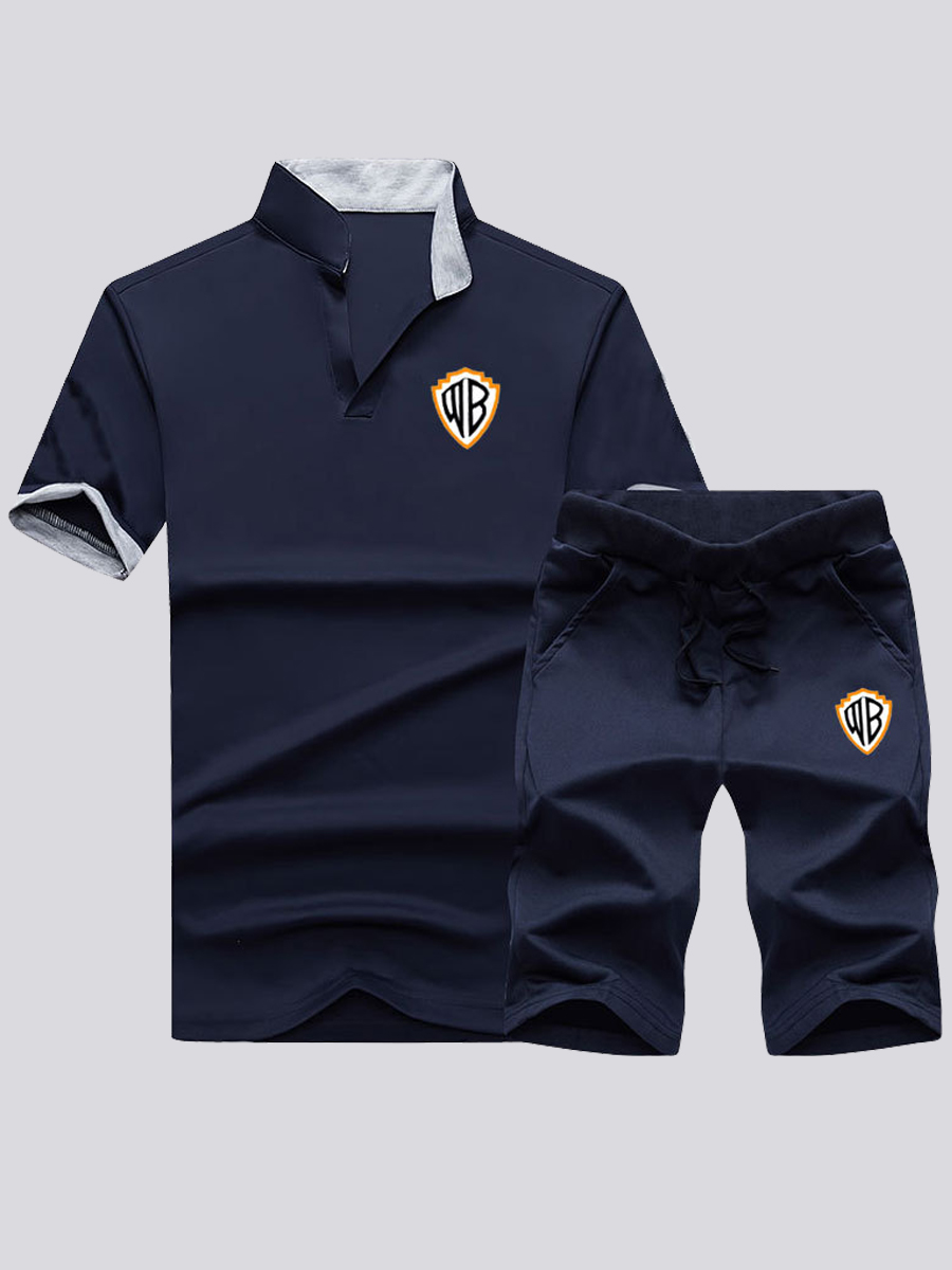 

Lovely Men Sporty Mandarin Collar Drawstring Deep Blue Two Piece Shorts Set