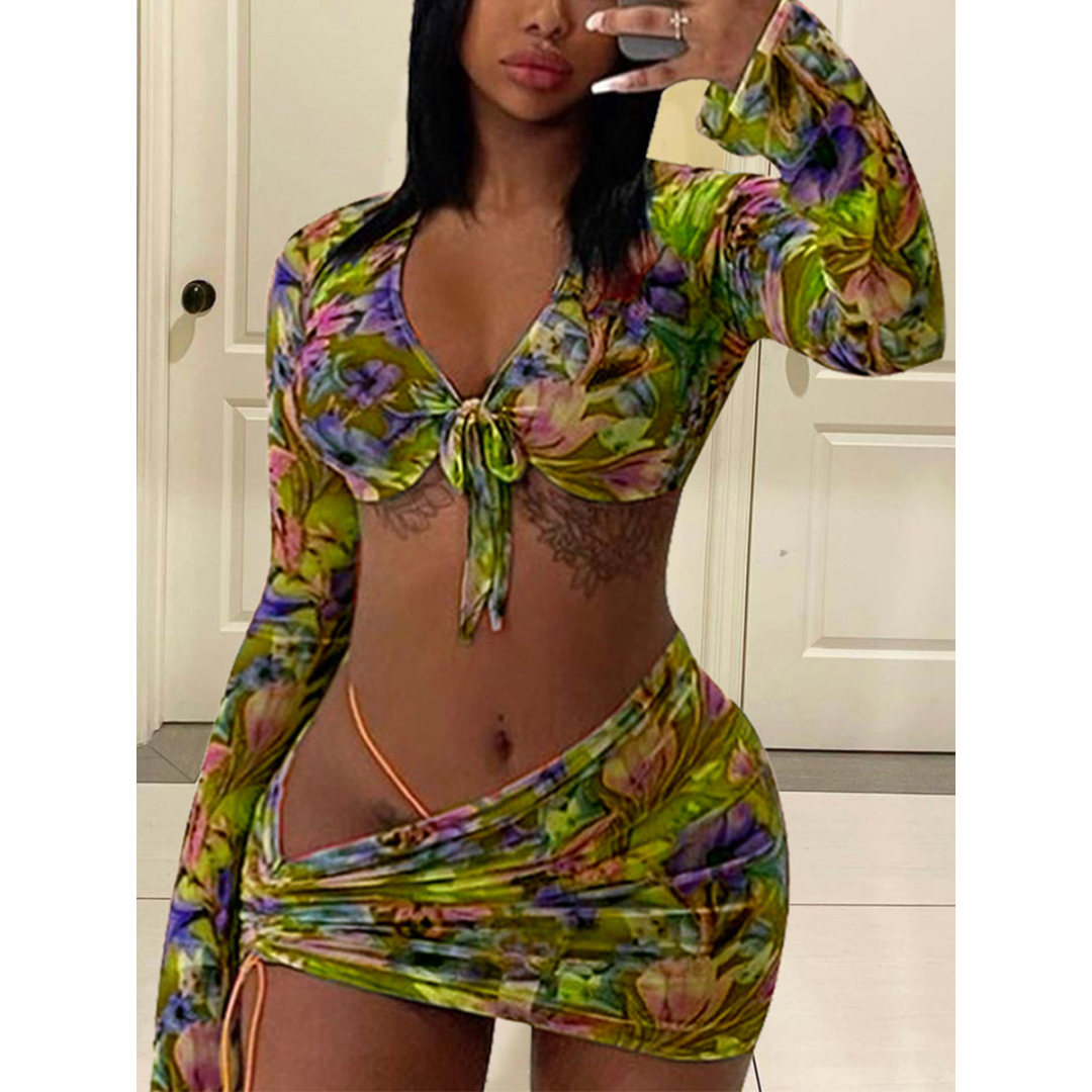 LW Boho Floral Print Bandage Design Purple Three-piece Swimsuit