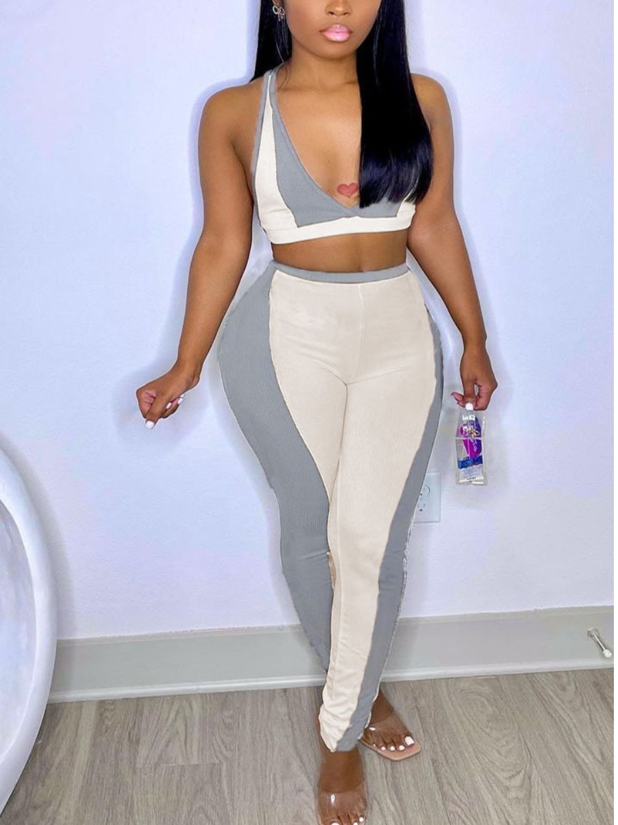 

Lovely Sporty V Neck Color-lump Grey Two Piece Pants Set