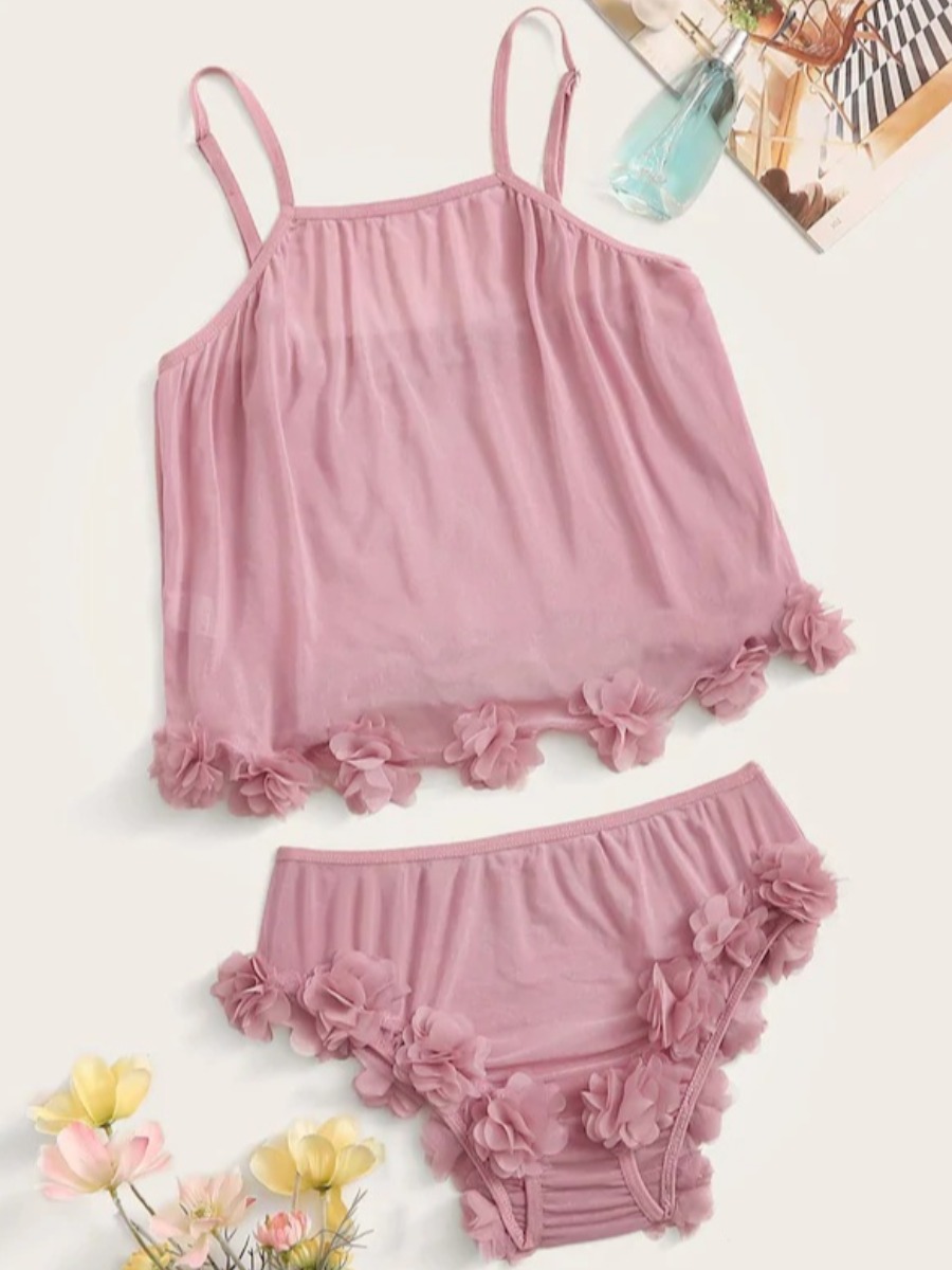 

LW Casual Floral Decoration Pink Sleepwear