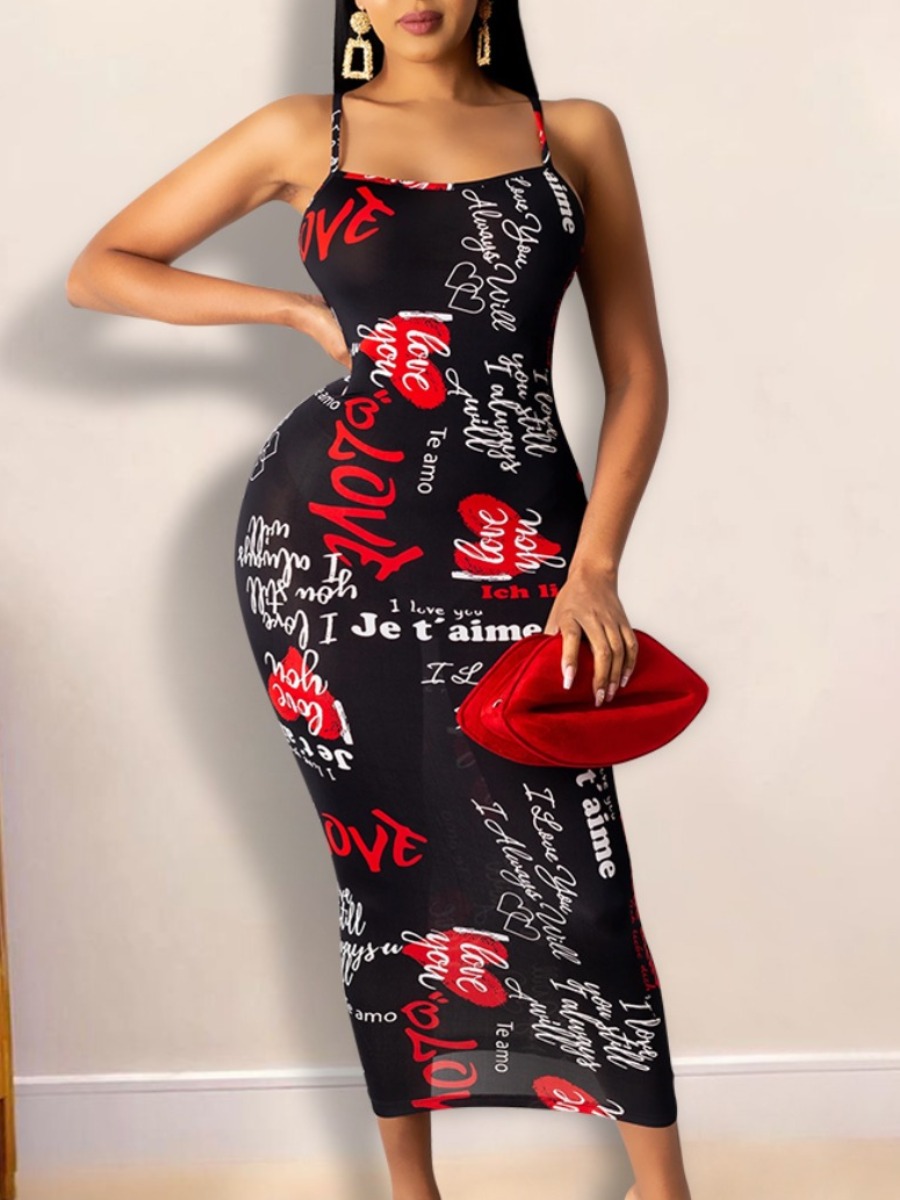 

Lovely Sweet Backless Letter Print Black Mid Calf Dress
