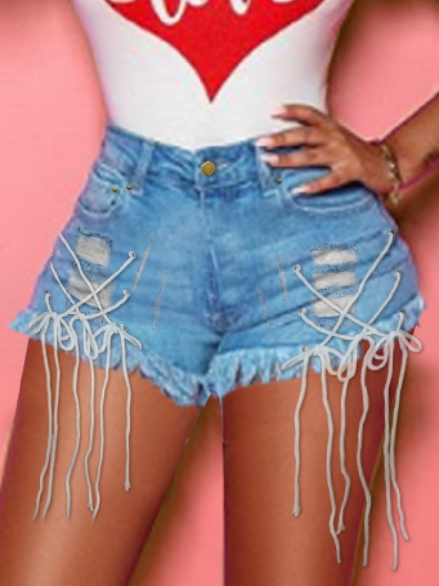 

Lovely Plus Size Street Raw Edge Bandage Design Blue Denim Shorts