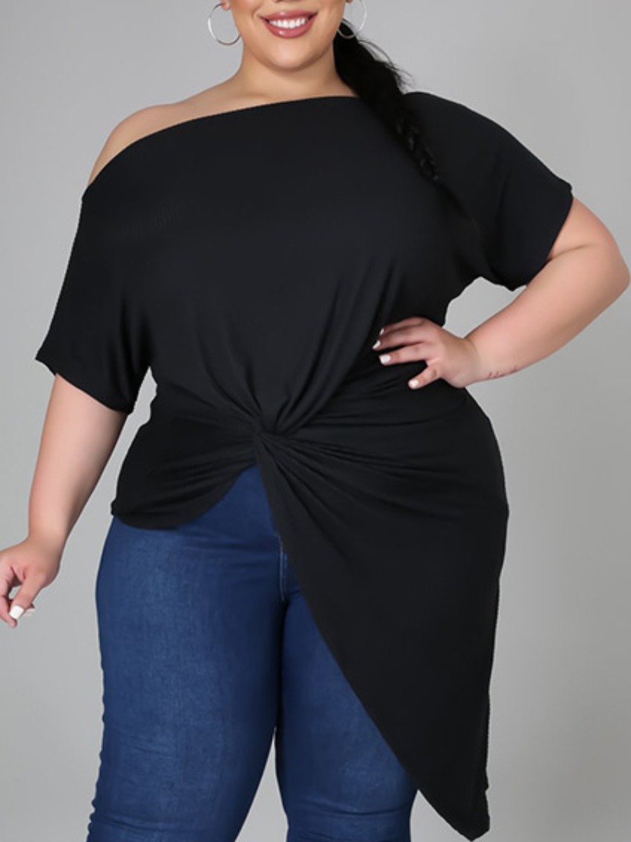 

Lovely Plus Size Casual Boat Neck Twisted Asymmetrical Black T-shirt