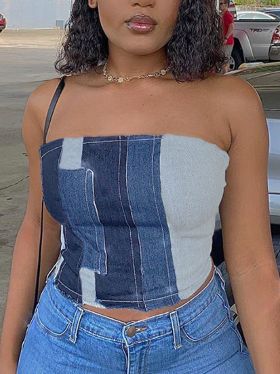

LW SXY Street Bandage Hollow-out Design Blue Denim Top