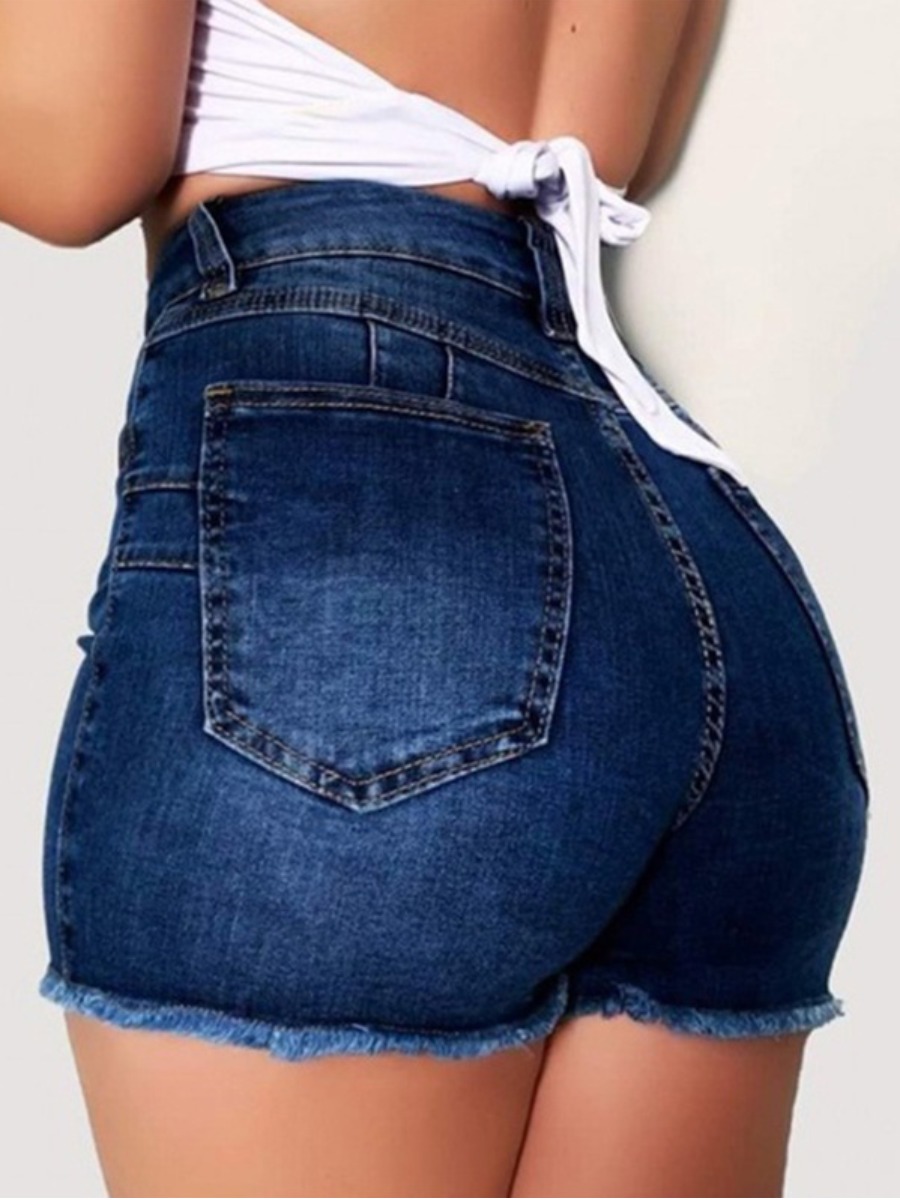 

Lovely Casual High-waisted Raw Edge Deep Blue Denim Shorts
