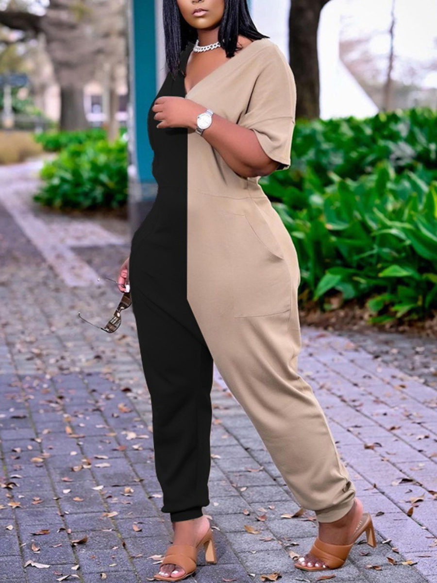 

Lovely Casual V Neck Color-lump Black One-piece Jumpsuit