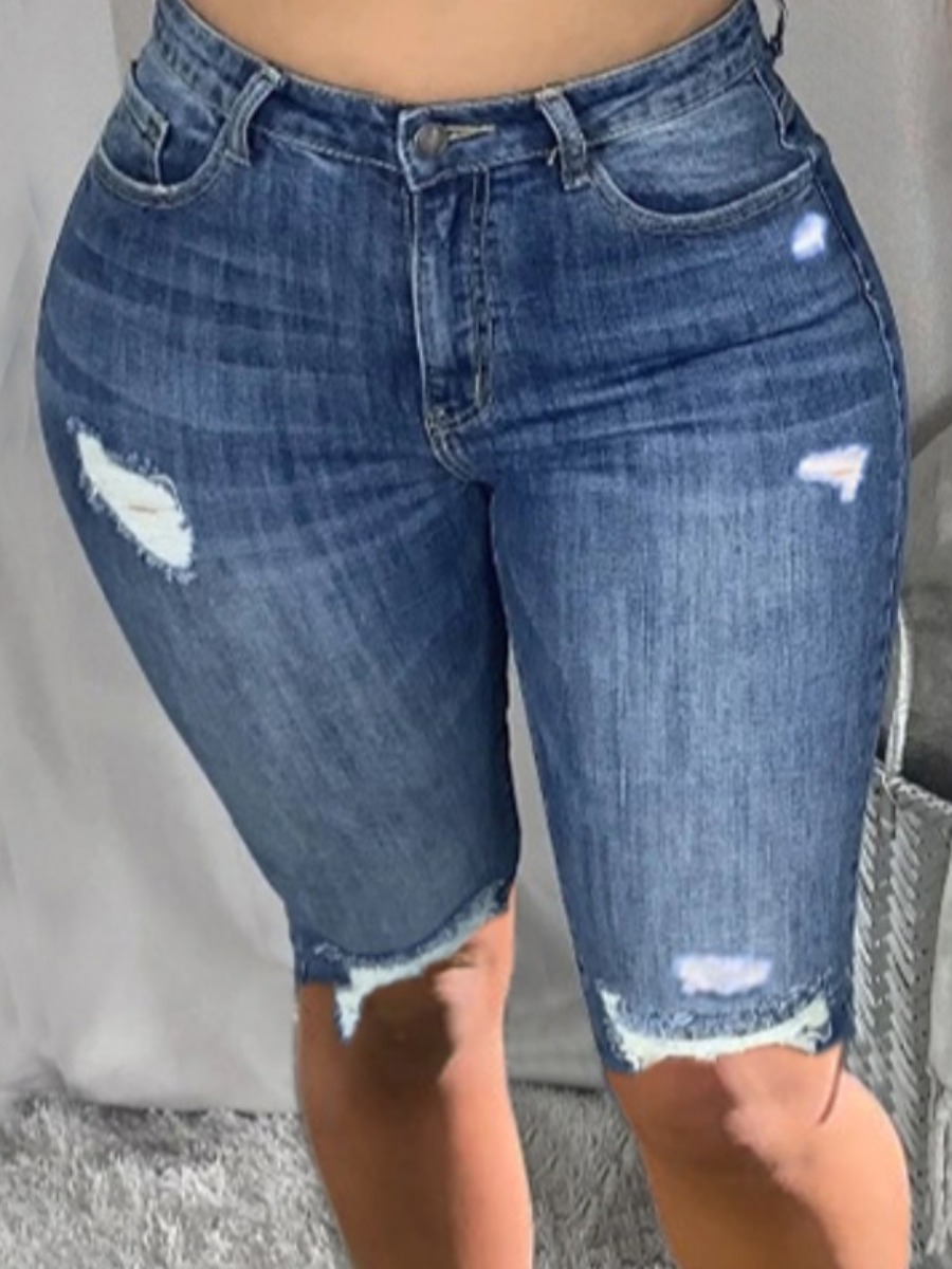 LovelyWholesale Plus Size Street High-waisted Ripped Deep Blue Denim Shorts Summer Street Basic  5X Spring Summer 2024