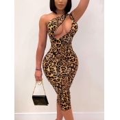 LW Sexy One Shoulder Leopard Print Hollow-out Mid 