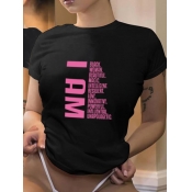 LW Casual O Neck Letter Print Black T-shirt