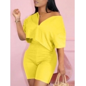 LW Casual V Neck Elastic Yellow Two Piece Shorts S