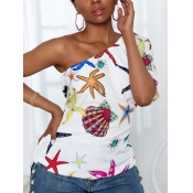 LW Casual One Shoulder Star Print White Blouse
